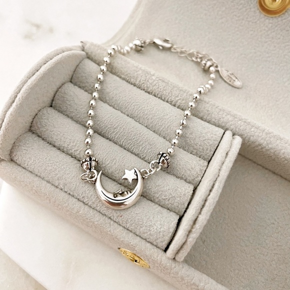 925 Sterling Silver Moon & Star Bracelet Dainty Bracelet Beaded Bracelet - Picture 4 of 4